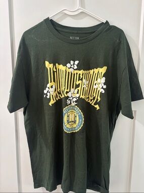 Pact Men's Olive Green Graphic Short Sleeve Tee with Yellow White Print